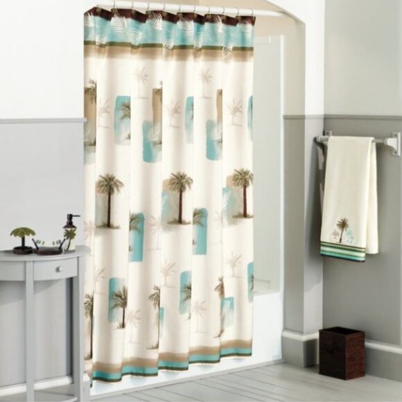 Croft & Barrow NEW Palm Isle Trees Seafoam Green Beige Brown Shower Curtain - Picture 1 of 5